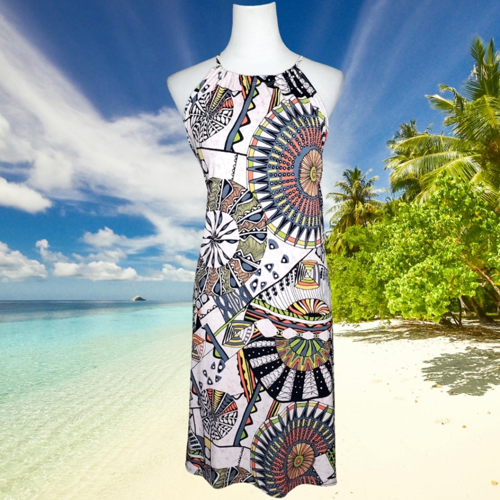 LBISSE Flowy Plus Size Colorful Abstract Print Halter Dress